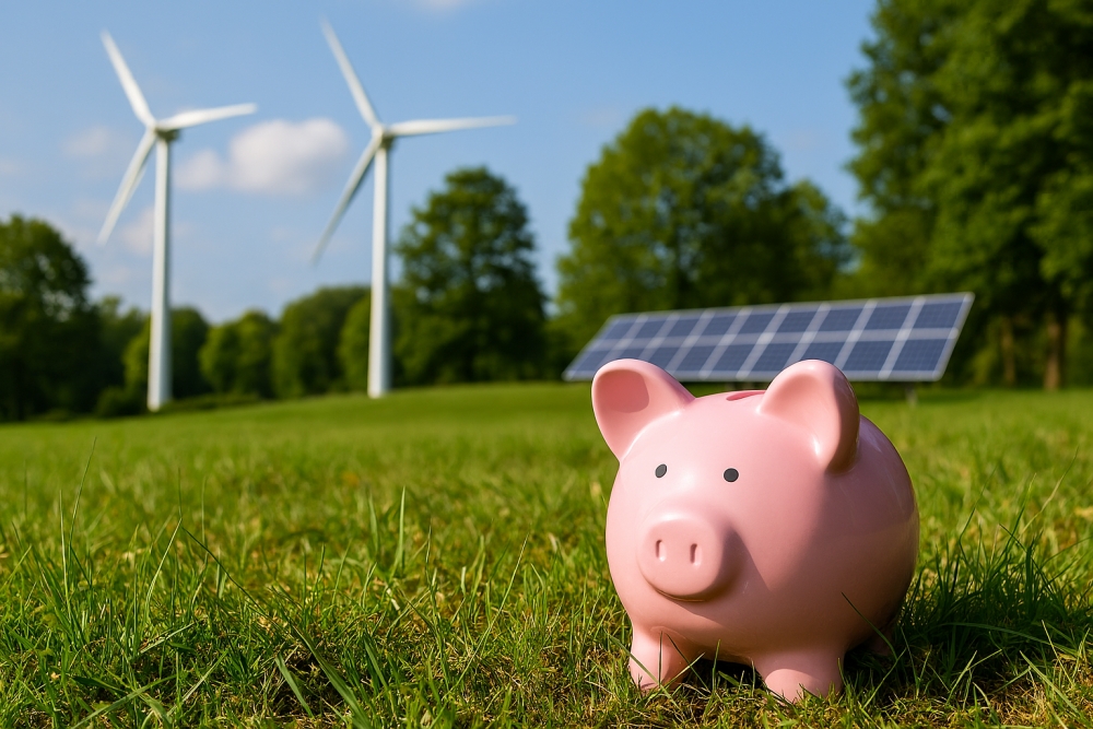 Ein rosa Sparschwein steht auf einer grünen Wiese, im verschwommenen Hintergrund befinden sich zwei Windkraftanlagen und ein Solarmodul.