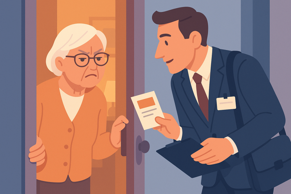 Eine Illustration einer älteren Frau, die misstrauisch an ihrer Haustür steht, während ein Mann im Anzug ihr ein Dokument oder einen Ausweis vorzeigt.