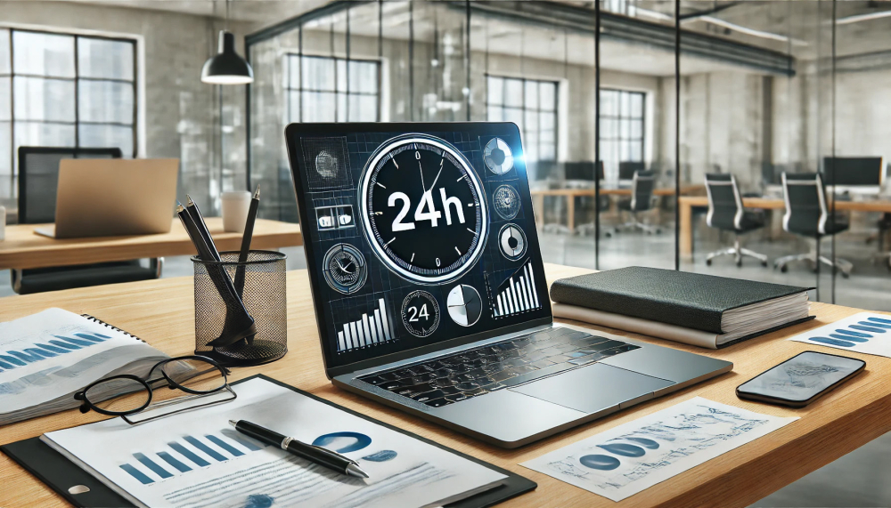 Ein Laptop auf einem Schreibtisch zeigt ein großes „24h“-Uhrensymbol auf dem Bildschirm, umgeben von Dokumenten in einem modernen Großraumbüro.