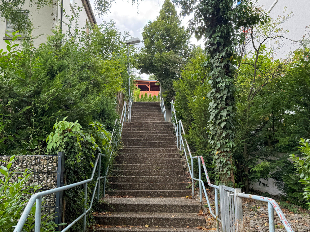 Eine steile Waschbetontreppe mit Metallgeländern führt zwischen dichten grünen Hecken und Bäumen nach oben.